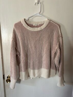 Free People Cream and Dusty Rose Ribbed Stripe Crew Sweater